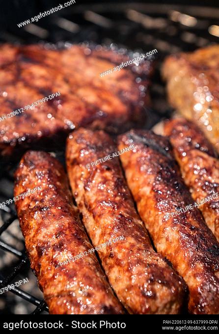 12 June 2022, Baden-Wuerttemberg, Rottweil: Cevapcici and beef lies on the grate of a charcoal grill. Photo: Silas Stein/
