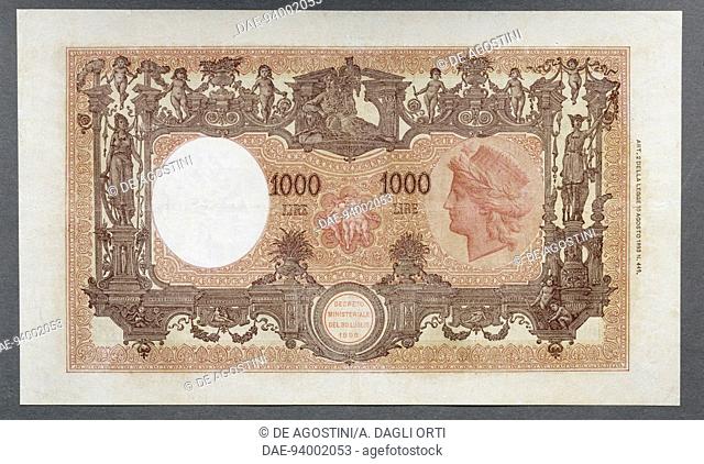 1000 lire banknote, modified Barbetti type, 1921-1926, reverse, 23x14 cm. Italy, 20th century.  Private Collection