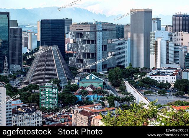 Rio de Janeiro, Brazil - January 4, 2017: Metropolitan cathedral and aqueduct with a famous tram from above. After many years in Rio de Janeiro again have...