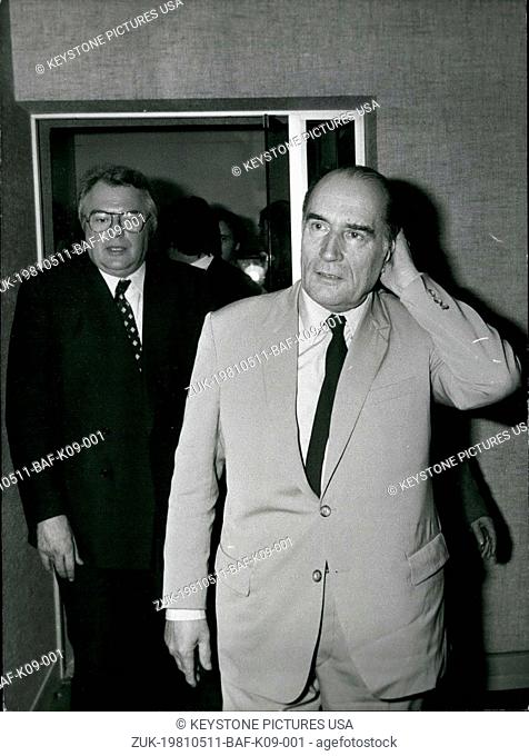 May 11, 1981 - Francois Mitterrand arrives at his general headquarters on Rue Solferino after having voted in Chateau-Chinon