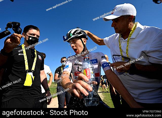 Slovenian Tadej Pogacar of UAE Team Emirates reacts after stage 9 of the Tour de France cycling race, a 182, 4 km race from Saint-Leonard-de-Noblat to Puy de...