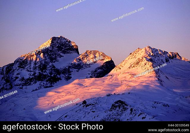 Piz Nair, Piz Saluver, mountains, snow, winter, early morning, from Muottas Muragl, Alps, Upper Engadin, Canton of Graubünden, Switzerland