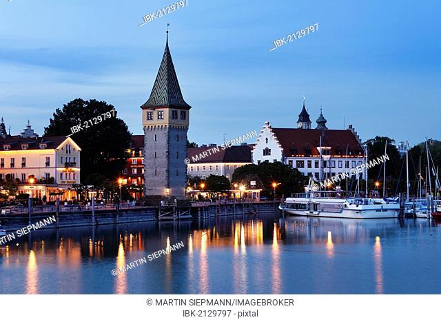 Mangturm or Mangenturm tower near the harbour at dusk, Lindau on Lake Constance, Swabia, Bavaria, Germany, Europe, PublicGround