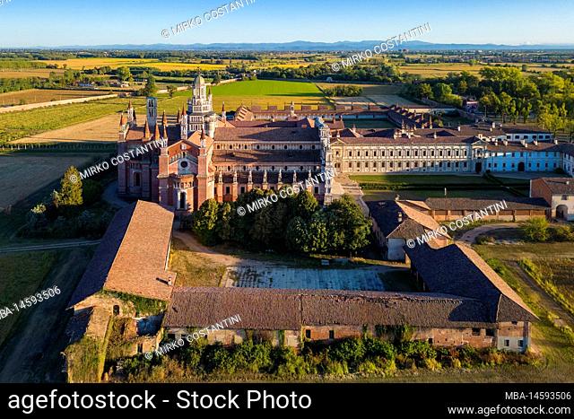 Aerial view of the monastery of Certosa di Pavia at sunset. Certosa di Pavia, Pavia district, Lombardy, Italy, Europe