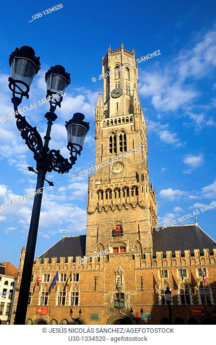 Belfry Tower in Market Square, in the medieval town of Brugge, listed World Heritage Site by UNESCO  Flanders  Belgium