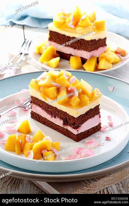 Chocolate cake with mango and cherry cream