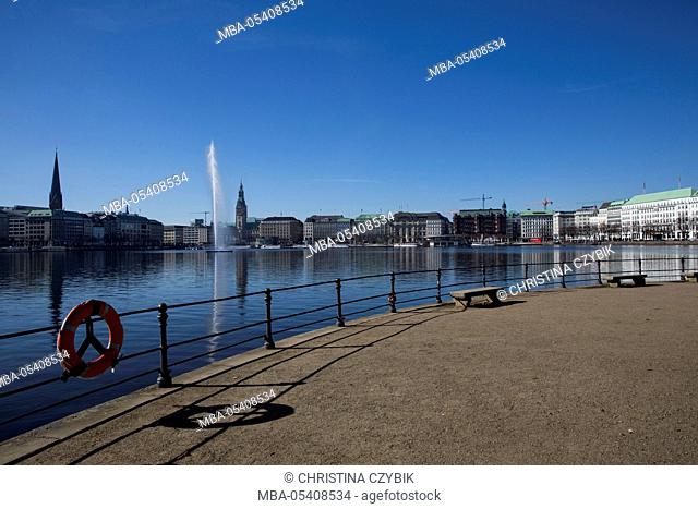 City Hall, Skyline and Alsterfontaine at Binnenalster in Hamburg, Germany