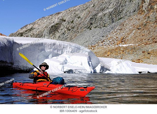 Kayaker in the Hundefjord, East-Greenland, Greenland