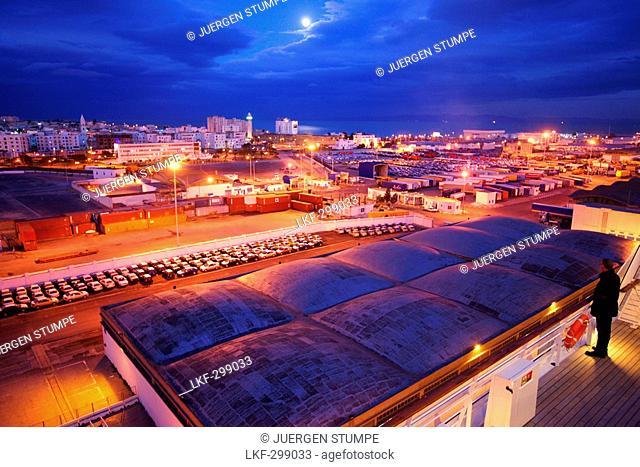 AIDA Bella Cruiser in the port of La Goulette in the evening, Tunisia, Africa