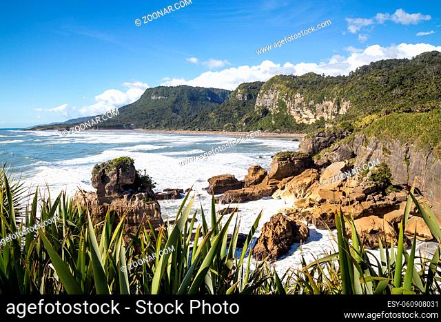 Coastline view at Pancake rocks close to Punakaiki in New Zealand