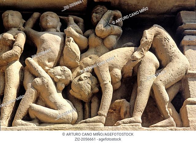Erotic sculptures, Khajuraho Group of Monuments, UNESCO World Heritage Site, Madhya Pradesh, India, Asia