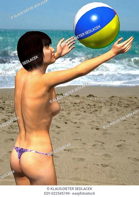 Attraktives Model oben ohne spielt Ball am sonnigen Strand