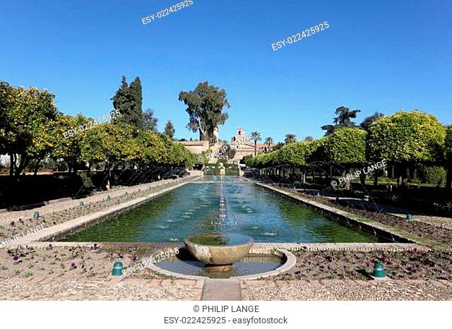 Alcazar palace gardens and fountains in Cordoba, Andalusia Spain