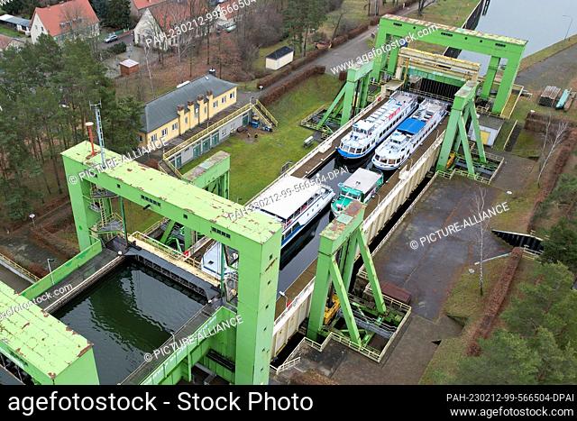 12 February 2023, Saxony-Anhalt, Magdeburg: View of the historic ship lift Magdeburg-Rothensee (aerial photo with drone)
