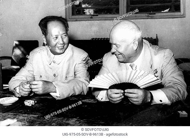 N, s, khrushchev and mao tse-tung (zedong) chatting in an airport waiting room in peking, 1957