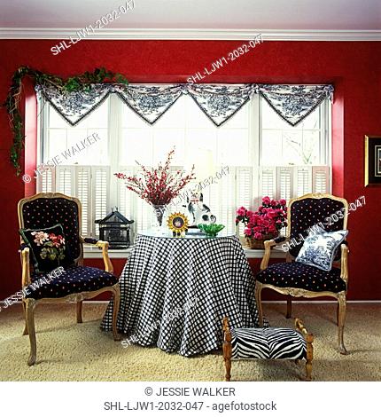 LIVING ROOMS: Red walls. Black and white checkered cloth, shutters, toile triangle valance