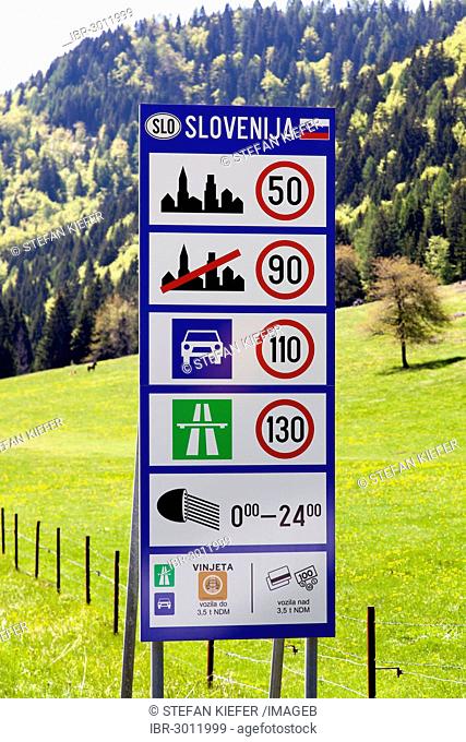 Speed limits sign in Slovenia, near Kranjska Gora, Slovenia, Europe