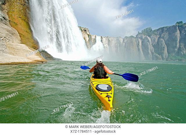 Kayaking on the Snake River below Shoshone Falls in the Snake River Canyon near the city of Twin Falls in southern Idaho
