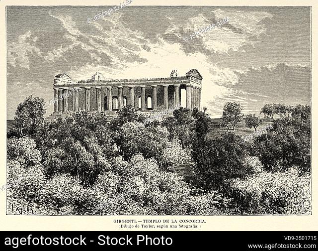 Panoramic view of the Temple of Concord in Girgenti (Agrigento). Sicily. Italy Europe. Old 19th century engraved illustration image from the book New Universal...