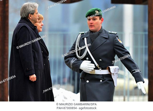 German Chancellor Angela Merkel (CDU) receives Italian Prime Minister Paolo Gentiloni with military honours in Berlin, Germany, 18 January 2017