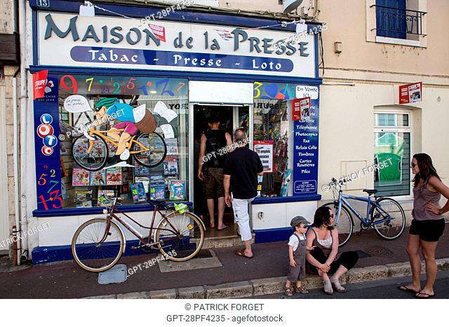 NEWSPAPER SHOP, PAINTINGS ON SHOP WINDOWS DEDICATED TO THE TOUR DE FRANCE STOPOVER CITY, MEDIEVAL CITY OF BONNEVAL, NICKNAMED THE LITTLE VENICE OF THE BEAUCE