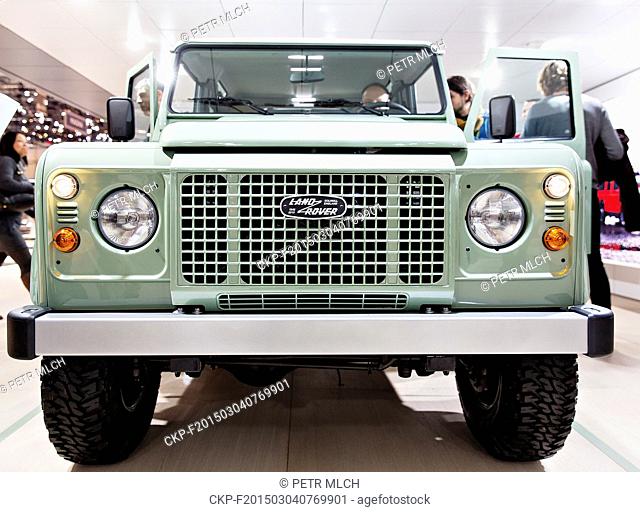The three anniversary editions of Land Rover Defender at automaker's stand during the second day of International Geneva motorshow, Switzerland on March 4, 2015
