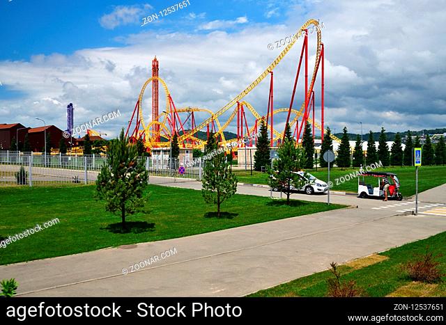 Sochi, Russia - June 6. 2018 roller coaster Snake Gorynych in Sochi Park, which entered the TOP-25 of the best parks in Europe in 2016