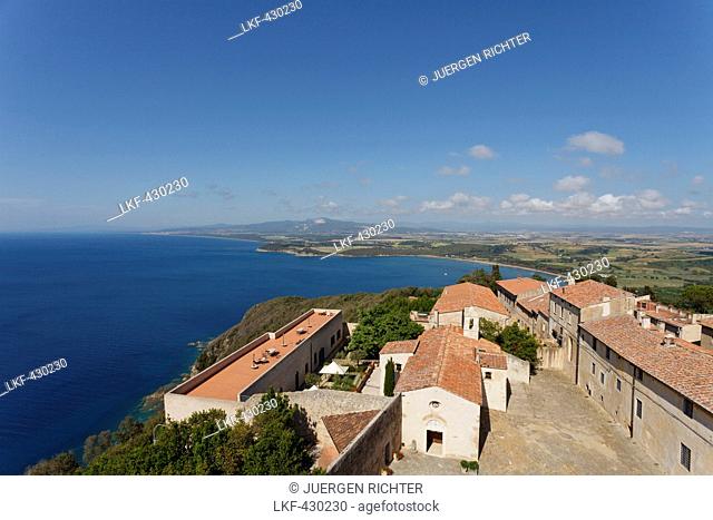 View from the fortress, Populonia Alta, Golfo di Baratti, Mediterranean Sea, province of Livorno, Tuscany, Italy, Europe