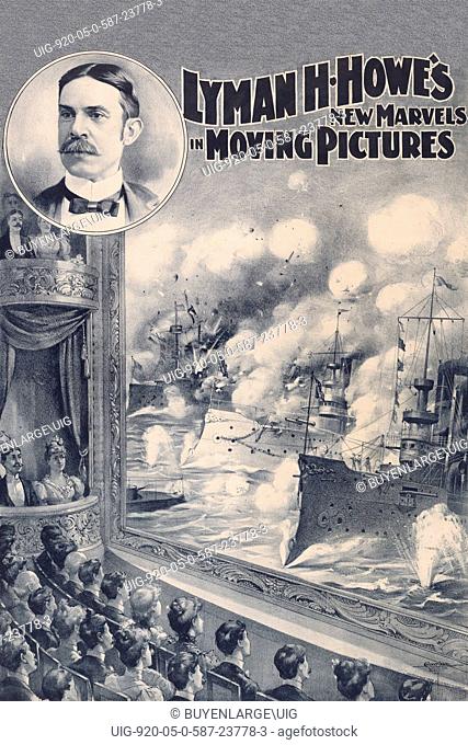 people watching a motion picture in a theater of a battle at sea during the Spanish-American War