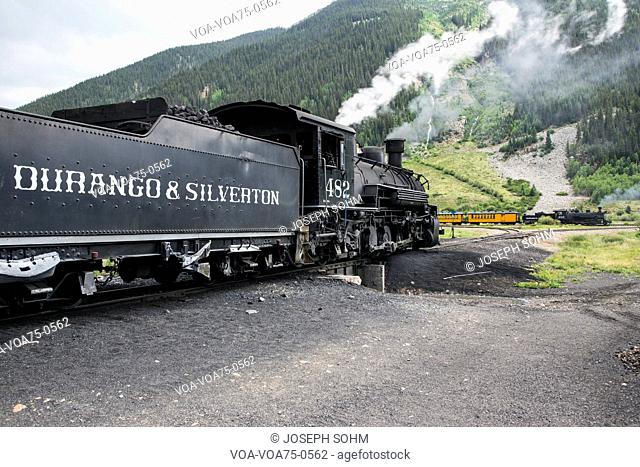 Two trains, Durango and Silverton Narrow Gauge Railroad featuring Steam Engine, Silverton, Colorado, USA