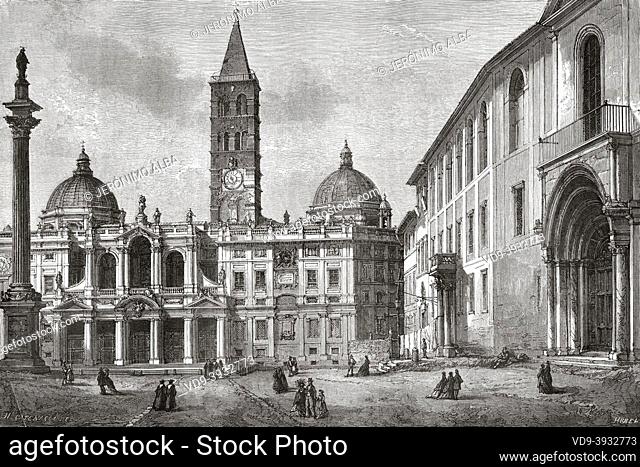 Basilica Santa Maria maggiore and Saint Anthony convent, Rome. Italy, Europe. Old 19th century engraved illustration from Trip to Rome by Francis Wey