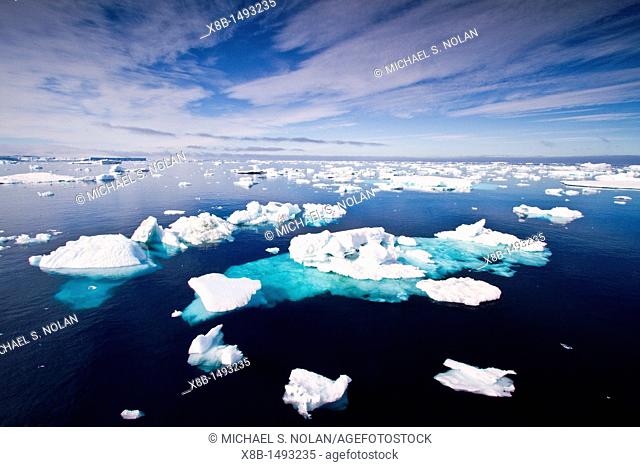 Icebergs and sea ice in the Weddell Sea on the eastern side of the Antarctic Peninsula during the summer months, Southern Ocean  MORE INFO An increasing number...