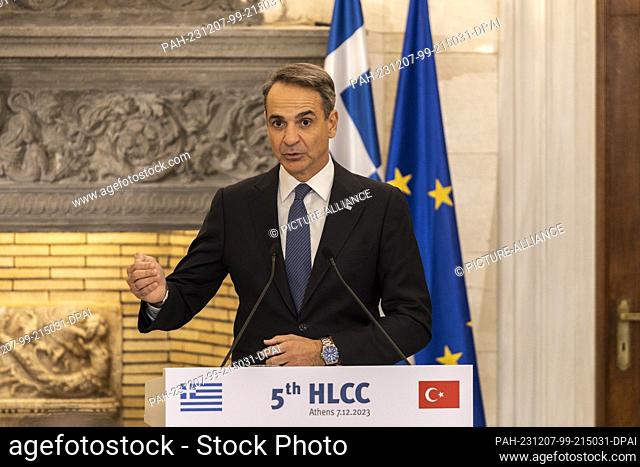 07 December 2023, Greece, Athen: Greek Prime Minister Kyriakos Mitsotakis speaks during a joint press conference with Turkish President Erdogan after their...