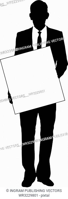 A silhouette business man holding a sign in black