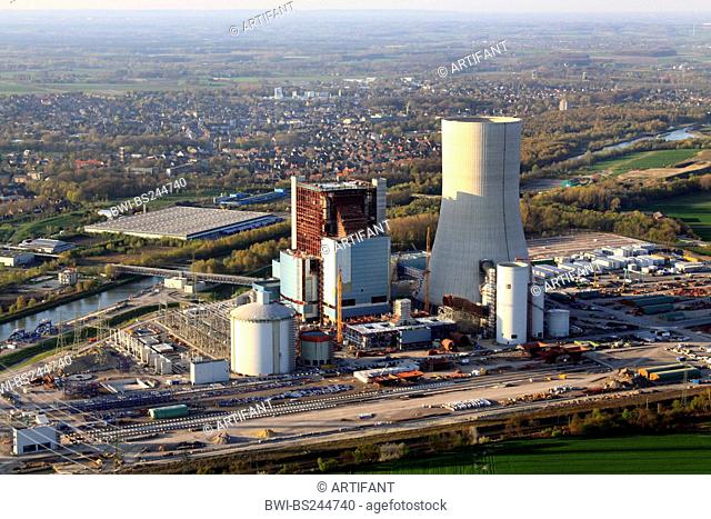 construction of a new coal-fired power plant in Datteln at Dortmund Ems channel and city of Datteln on the left side, Germany, North Rhine-Westphalia, Ruhr Area