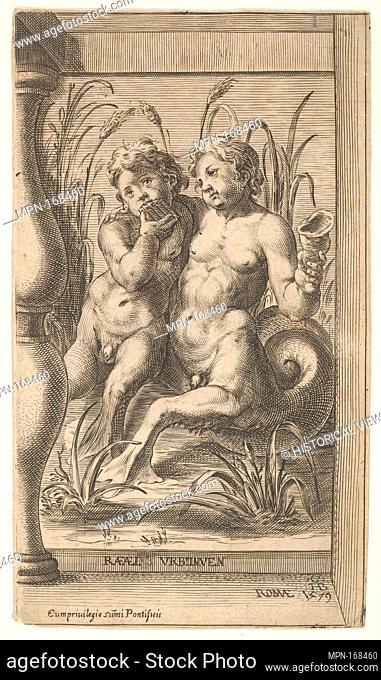 Two tritons embracing, one playing a panpipe, the second holding a conch shell set within a recessed space. Artist: Cherubino Alberti (Zaccaria Mattia) (Italian