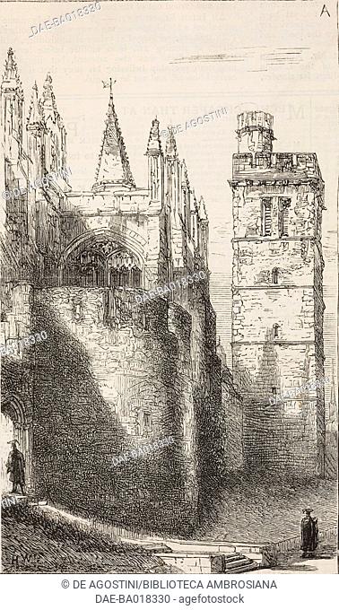 The Wykeham bell tower, and one of the bastions, New College, Oxford, United Kingdom, illustration from the magazine The Graphic, volume XX, no 519, November 8
