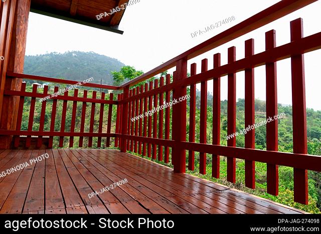 Swiss Chalet style fence, Bhimtal, Nainital, Kumaon, Uttarakhand, India, Asia