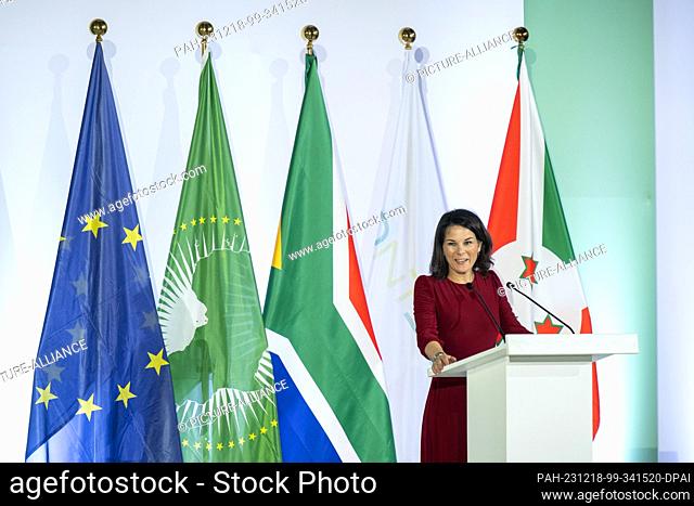 18 December 2023, Rwanda, Kigali: German Foreign Minister Annalena Baerbock delivers a speech in Rwanda on the occasion of the inauguration of the first vaccine...