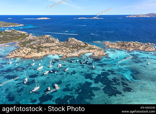 Aerial view of islands and tourists boats in the La Maddalena Archipelago in Costa Smeralda, Sardinia, Italy