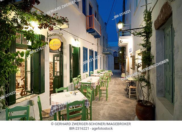 Empty Greek restaurant, tavern, Mykonos island, Cyclades, Greece, Europe