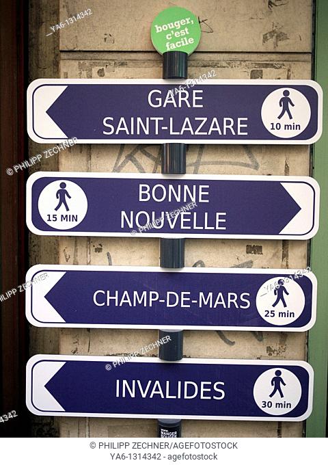 Signs in Paris showing to pedestrians how to get to major points in the city  Set up in order to promote walking