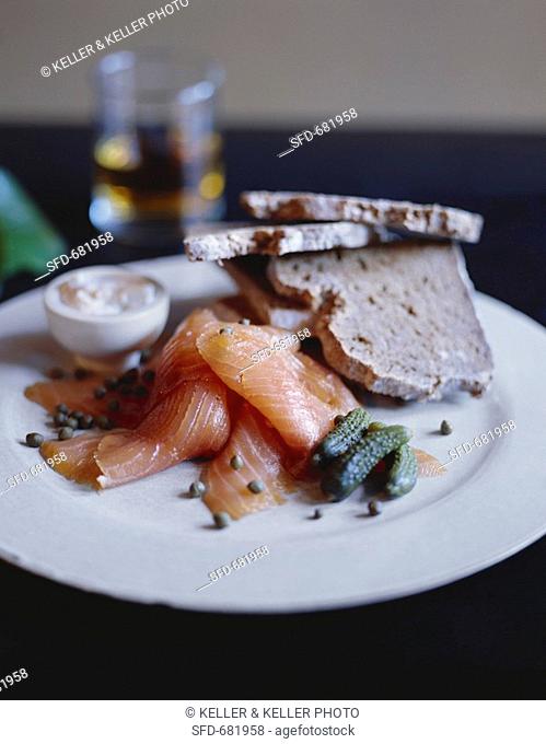 Smoked Salmon with Capers, Pickles and Bread