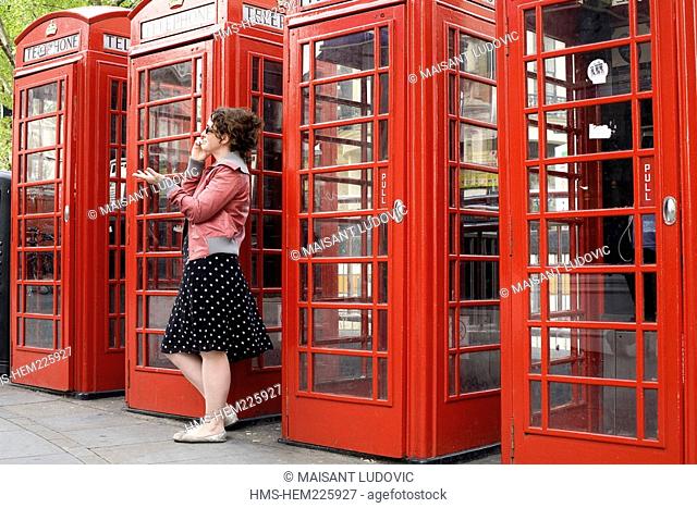 United Kingdom, London, the red telephone box designed by the architect Sir Giles Gilbert Scott in the twenties