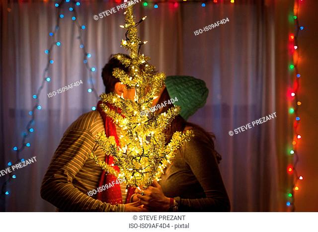 Young couple kissing behind illuminated christmas tree
