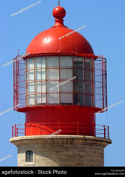 Sagres (Algarve) Portugal. Close-up of the Lighthouse of Cabo de San Vicente inside the fortress of San Vicente