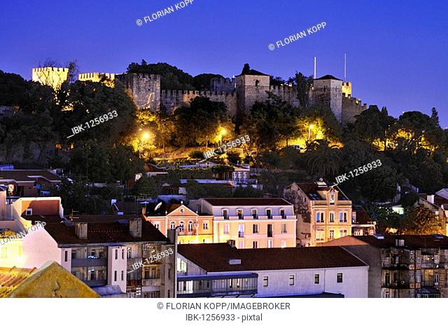 View of the original Moorish castle Castelo de Sao Jorge at night, Lisbon, Portugal, Europe