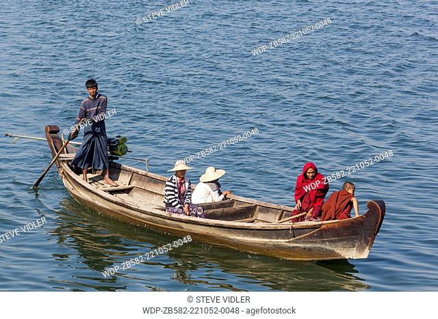 Myanmar, Bagan, Boat Crossing the Ayeyarwady River