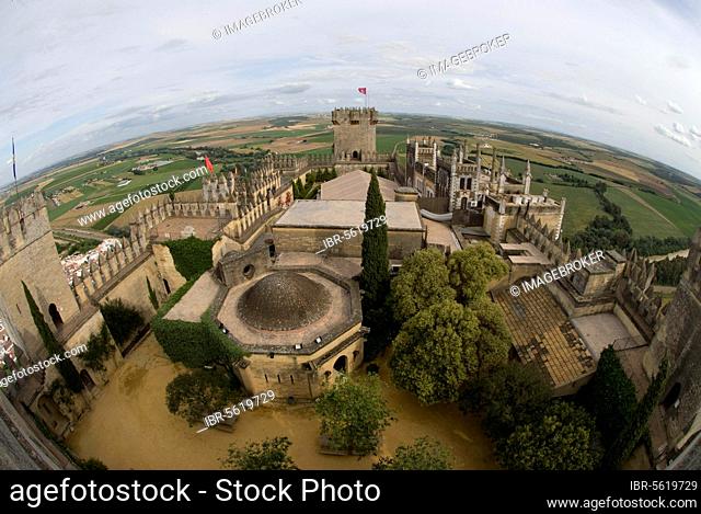 View of castle towers and courtyard, Castle of Almodovar, Cordoba Province, Andalusia, Spain, Europe