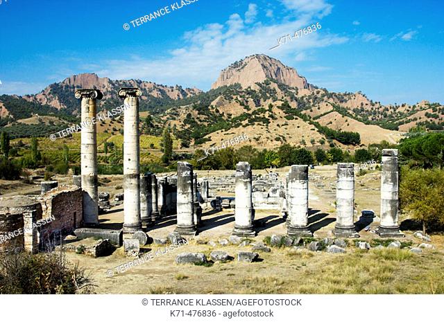 Columns, walls, altars and floors in the ruins of the Temple of Artemis in Sardis, Turkey